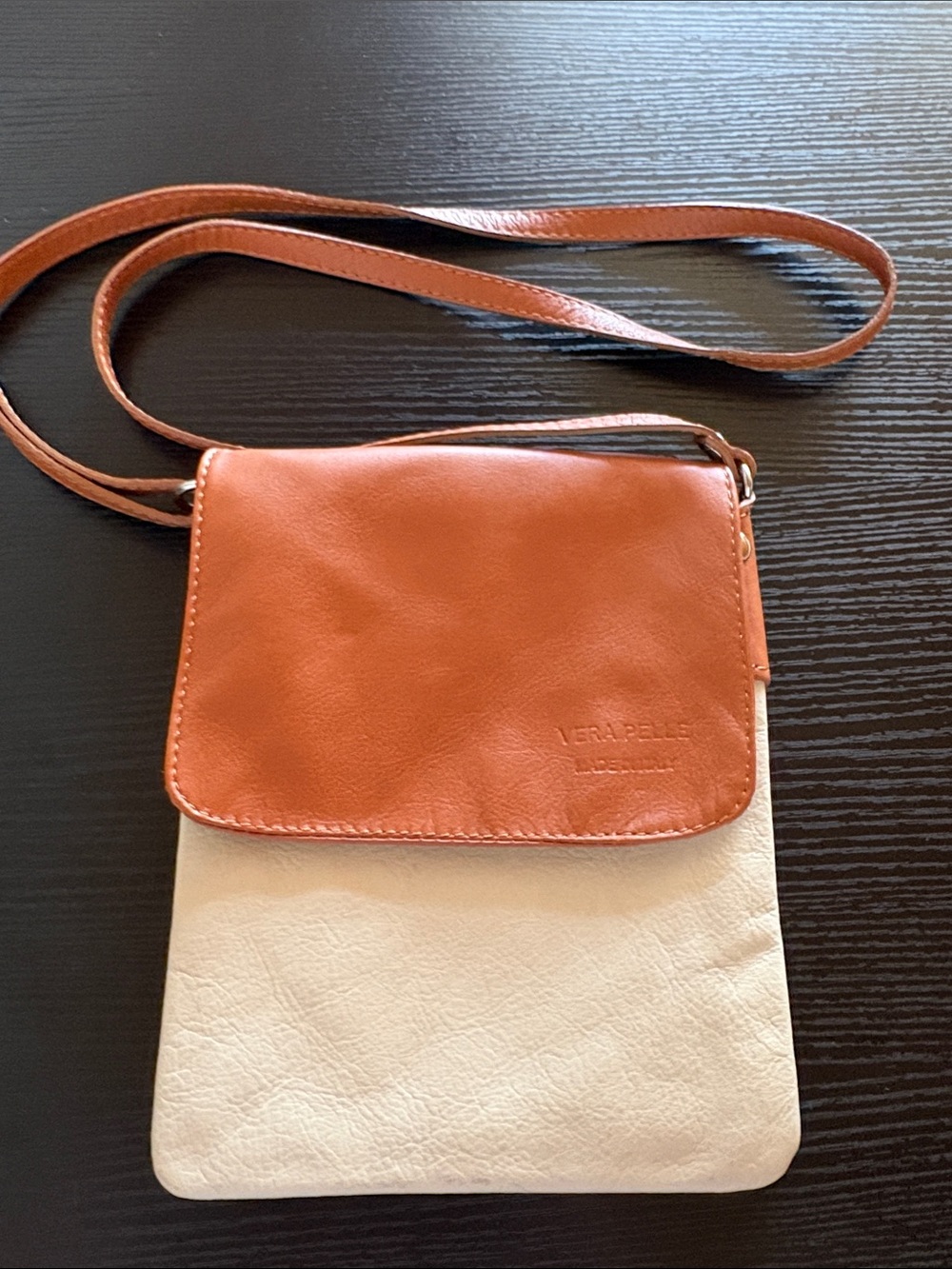 Vera Pelle Made in Italy Two-Tone Leather Crossbody in Tan and Cream